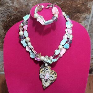 Double Strand Necklace Bracelet Set Double Mixed Pink Turquoise Stone Beads Cros